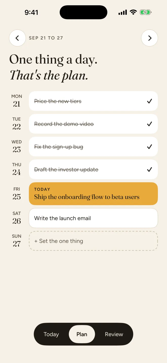 Dayflint's weekly plan, with one task for each day